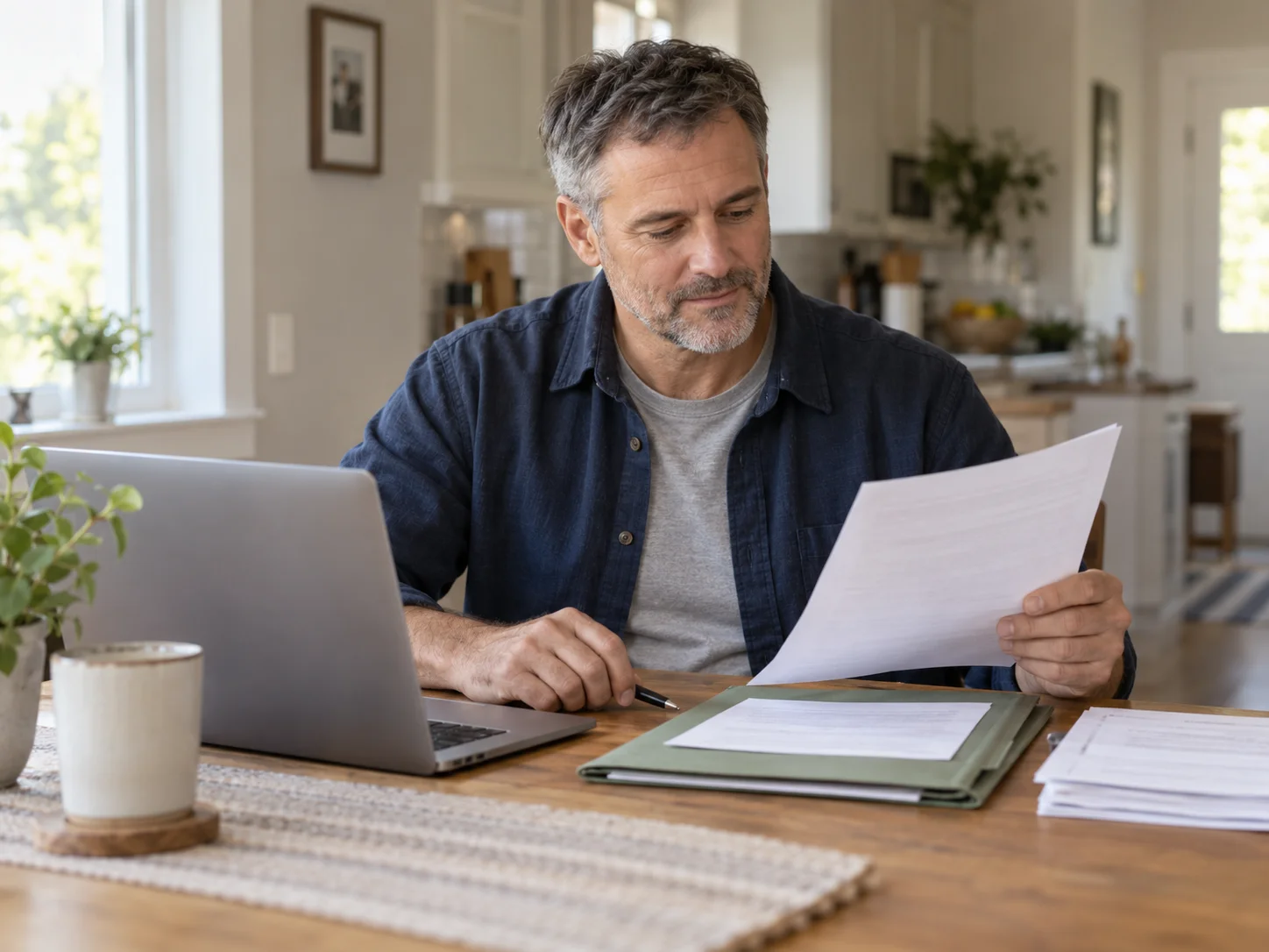 Veteran calmly reviewing paperwork at a kitchen table beside a laptop and organized folders